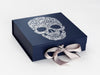 Navy Blue Gift Box with Silver Foil Printed Design and Silver Gray Ribbon