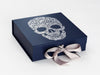Navy Blue Gift Box with Silver Foil Logo and Silver Gray Ribbon