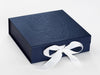 Navy Blue Gift Box with Custom Debossed Design and White Ribbon