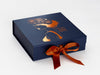 Navy Blue Gift Box with Custom Copper Foil Design and Copper Ribbon