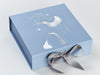 Pale Blue Gift Box Featuring Custom Silver Foil Logo and Silver Gray Ribbon