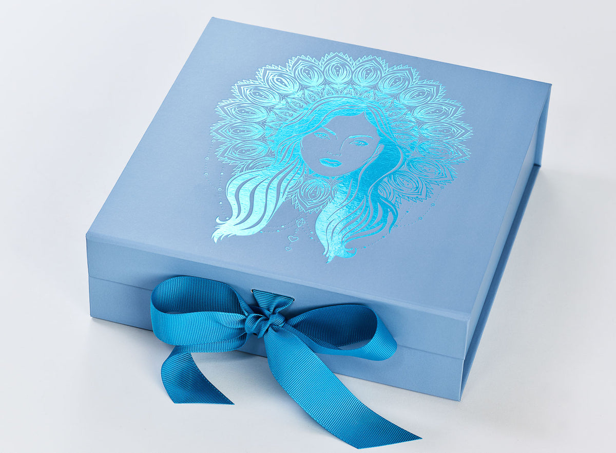 Pale Blue Gift Box Featured with Blue Foil Logo and Methyl Blue Ribbon