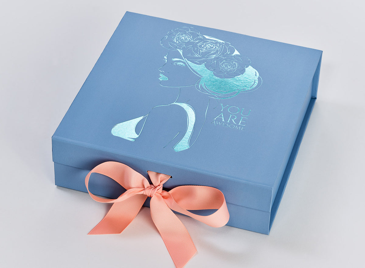 Pale Blue Gift Box with Blue Foil Custom Logo and Moonstone Ribbon
