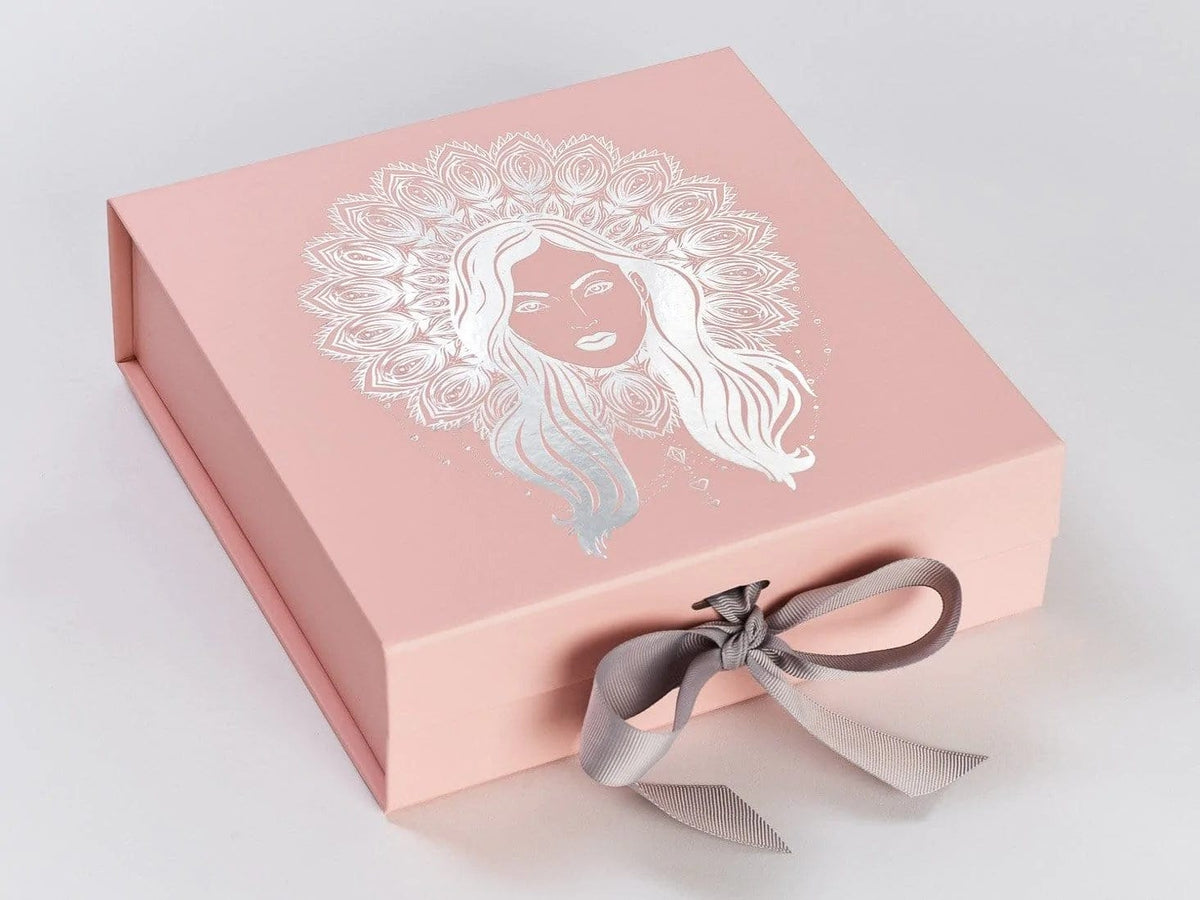 Example of Silver Grey Ribbon Featured on Pale Pink Large Gift Box with Custom Silver Foil Printed Design