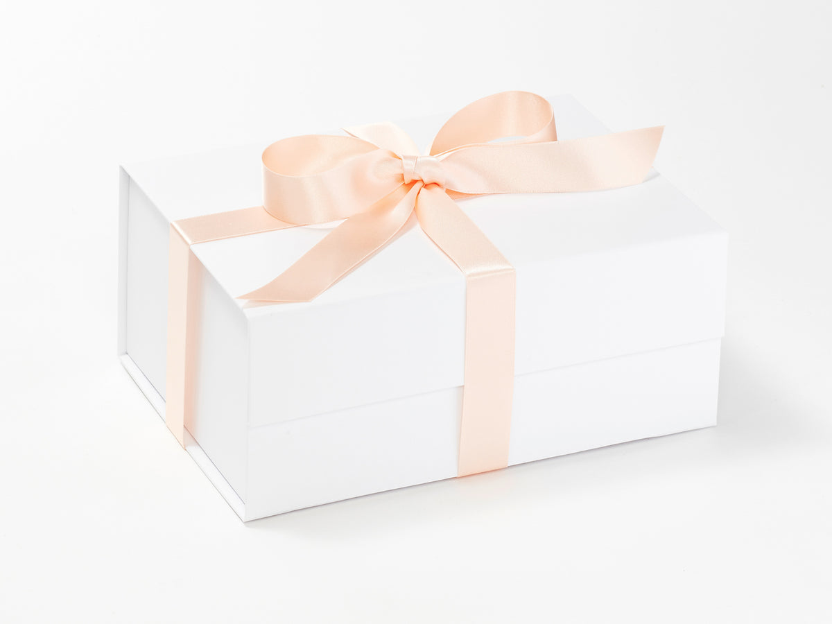 Example of Peach Recycled Satin Ribbon Featured on White Gift Box