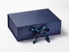 Peacock Feather Printed Ribbon Featured on Navy Blue Gift Box