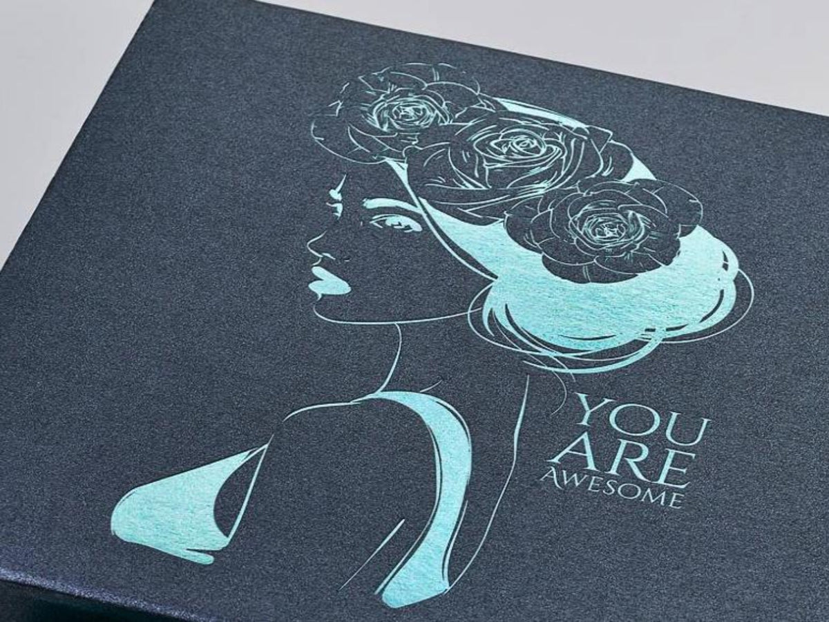 Pewter Folding Gift Box with Turquoise Custom Foil Logo