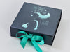 Pewter Folding Gift Box with Green Foil Logo and Turquoise Ribbon