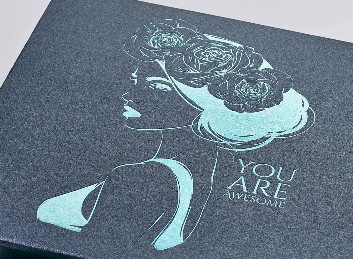 Pewter Folding Gift Box with Custom Turquoise Foil Design