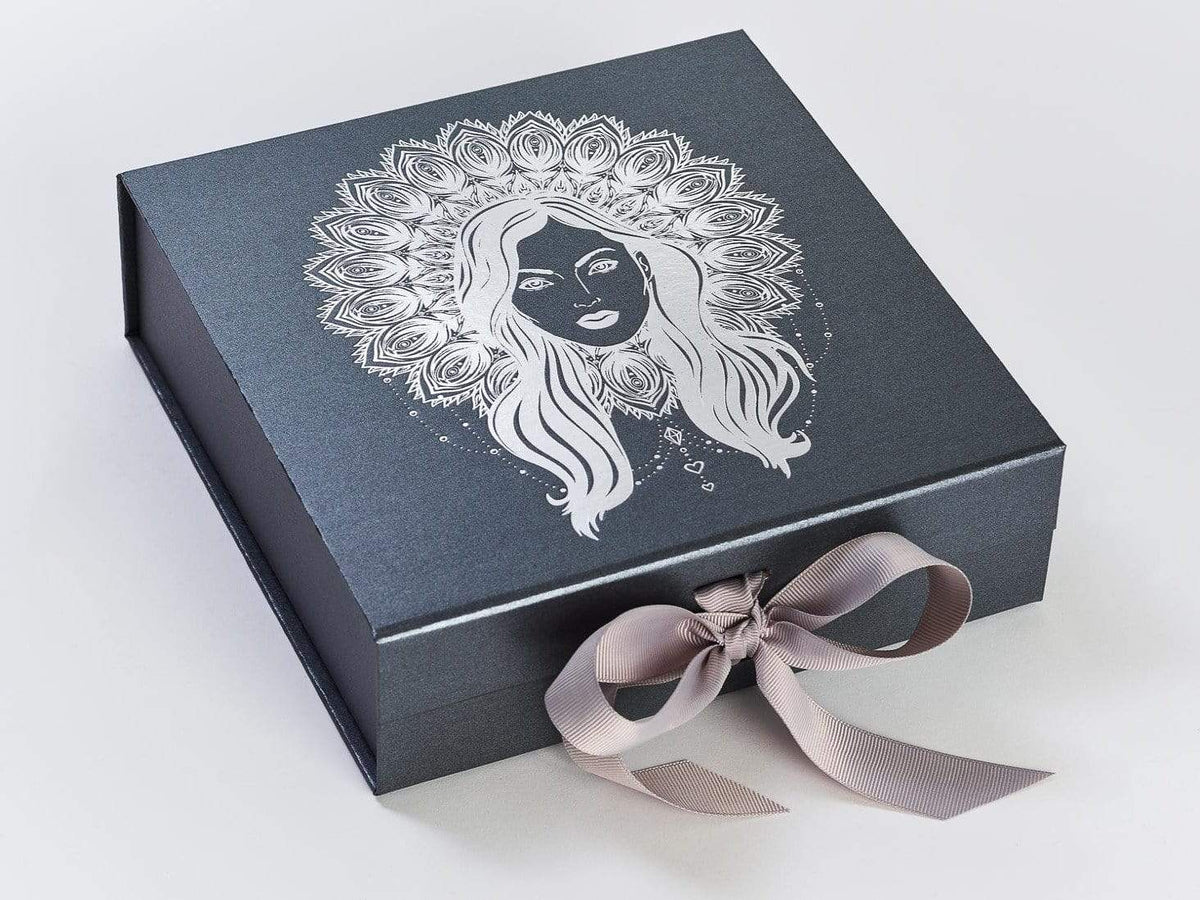 Pewter Folding Gift Box with Silver Foil Logo and Silver Grosgrain Ribbon