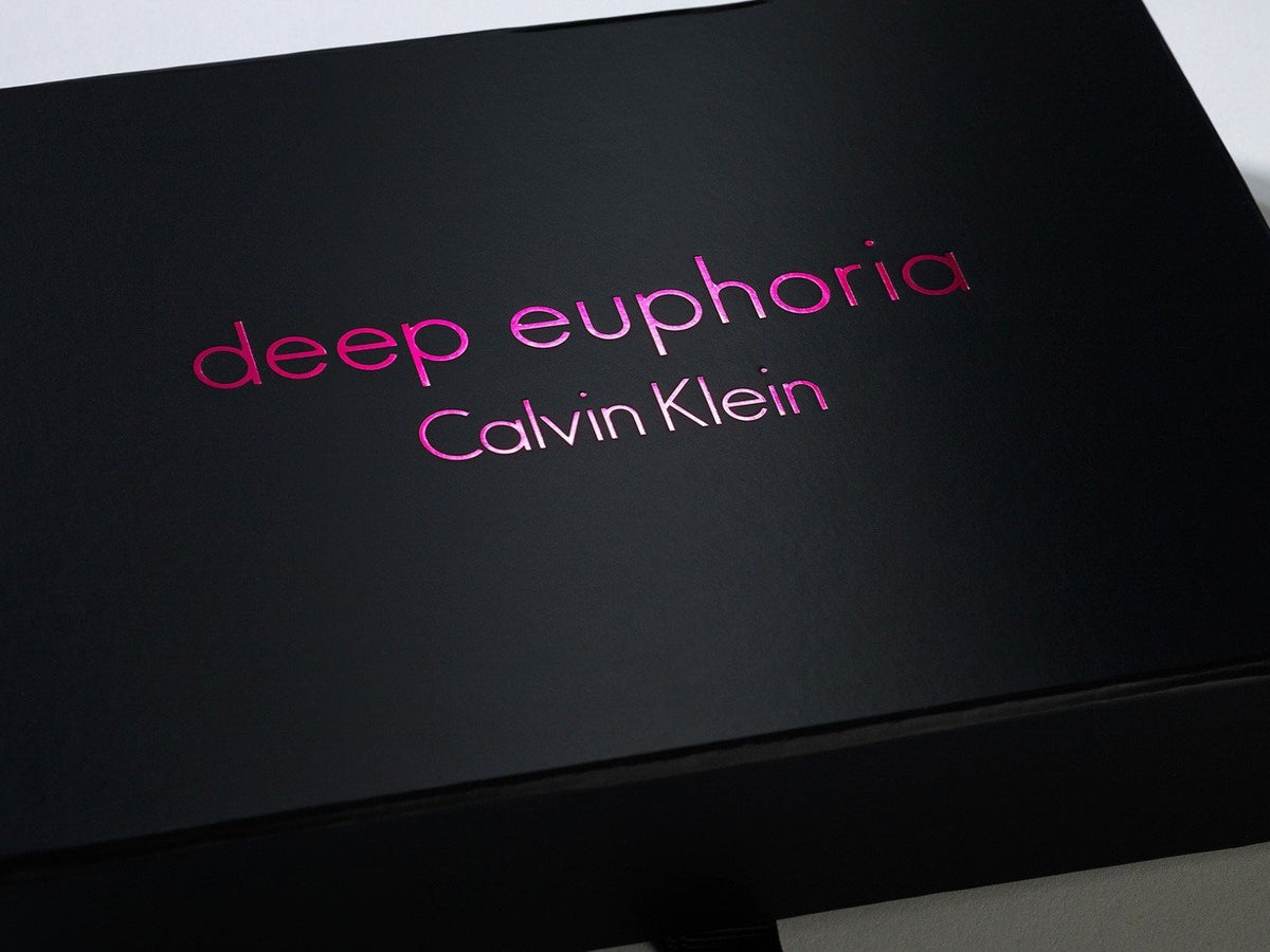 Black Folding Gift Box with custom printed Pink Foil Logo to Lid from Foldabox