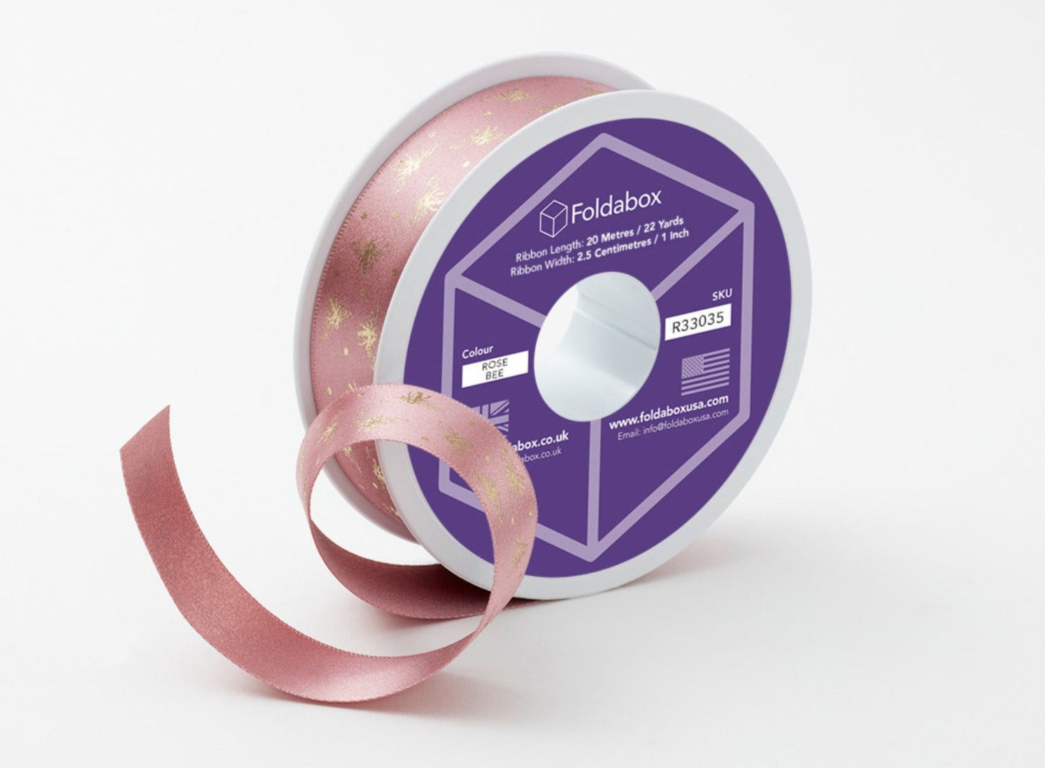 Rose Pink / Gold Sparkle Bee Recycled Satin Ribbon Roll