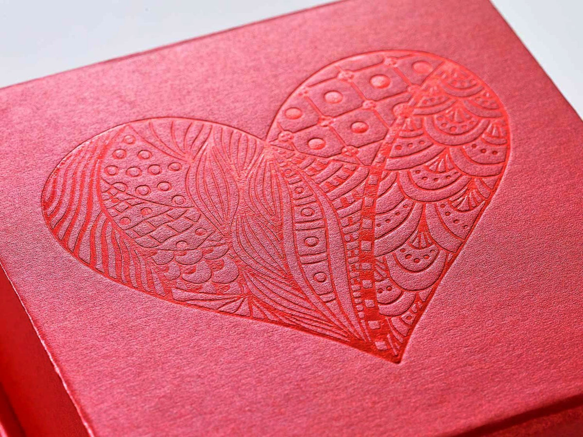 Red Folding Gift Box with Custom Printed tone on tone red foil heart logo