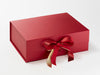 Example of Red Recycled Satin Ribbon Featured As A Double Bow on Red Gift Box