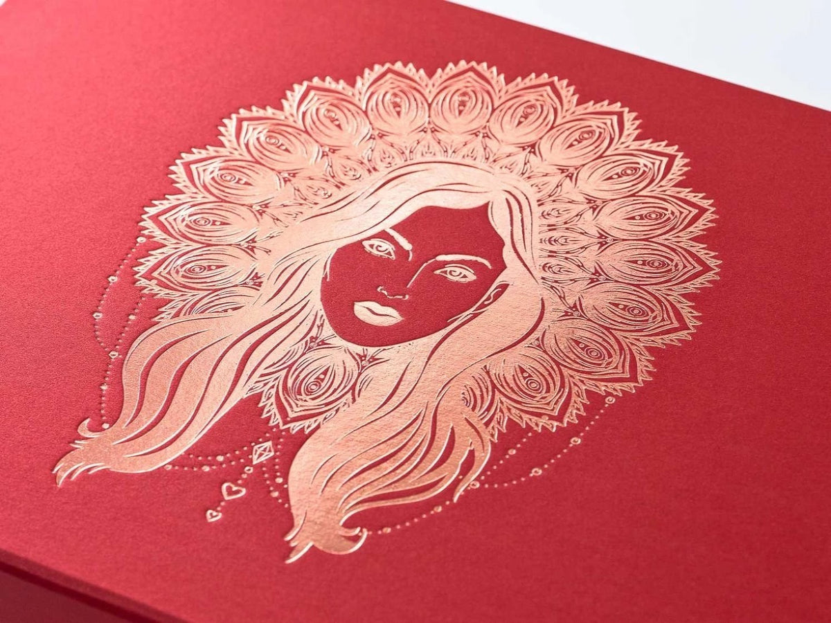 Red Gift Box with Custom Rose Gold Foil Design