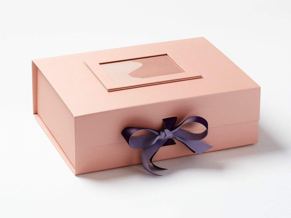 Rose Gold Photo Frame on Rose Gold A4 Deep Gift Box with Thistle and Plum Purple Ribbon