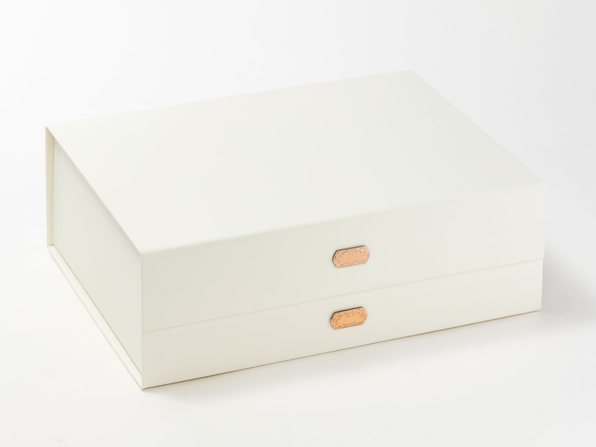 Example Of Rose Copper Slot Decal Labels Featured on Ivory A4 Deep Gift Box