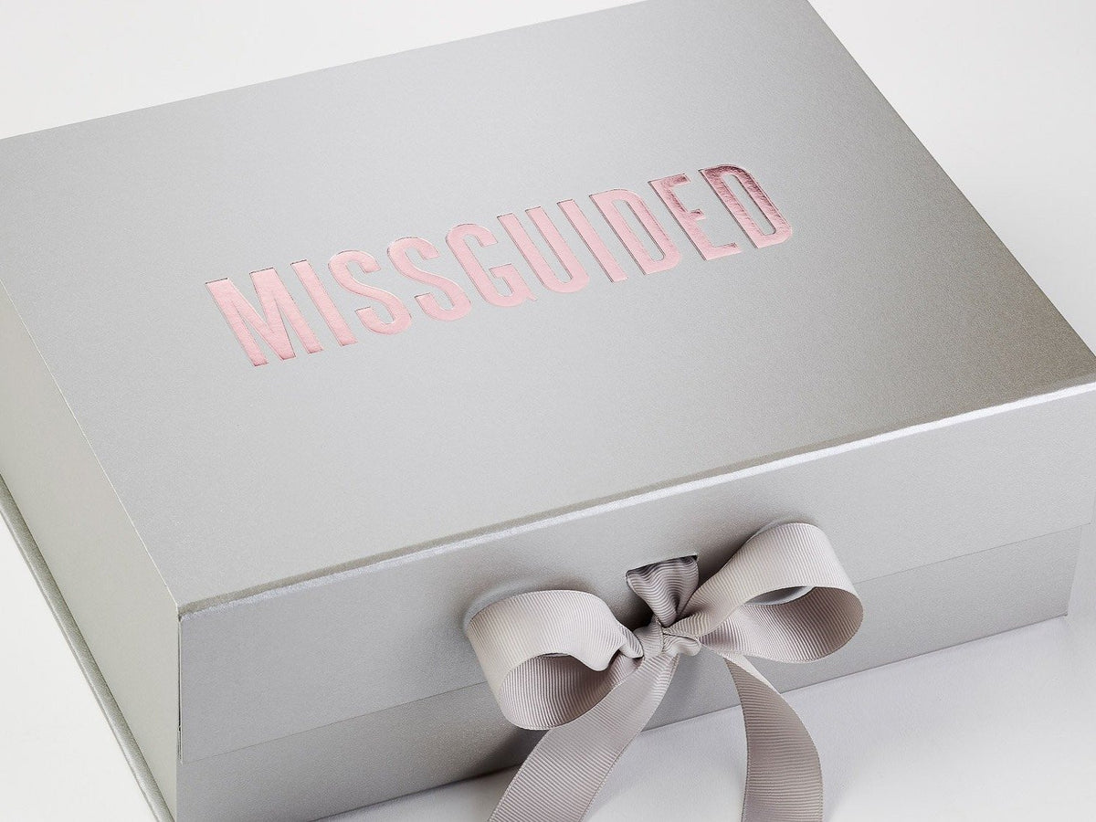 Silver Gift Box Featuring Custom Printed Rose Pink Foil Logo