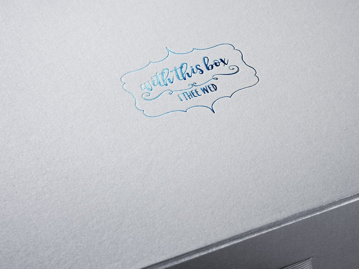 Custom Blue Foil Logo onto Silver Pearl Gray Folding Gift Box