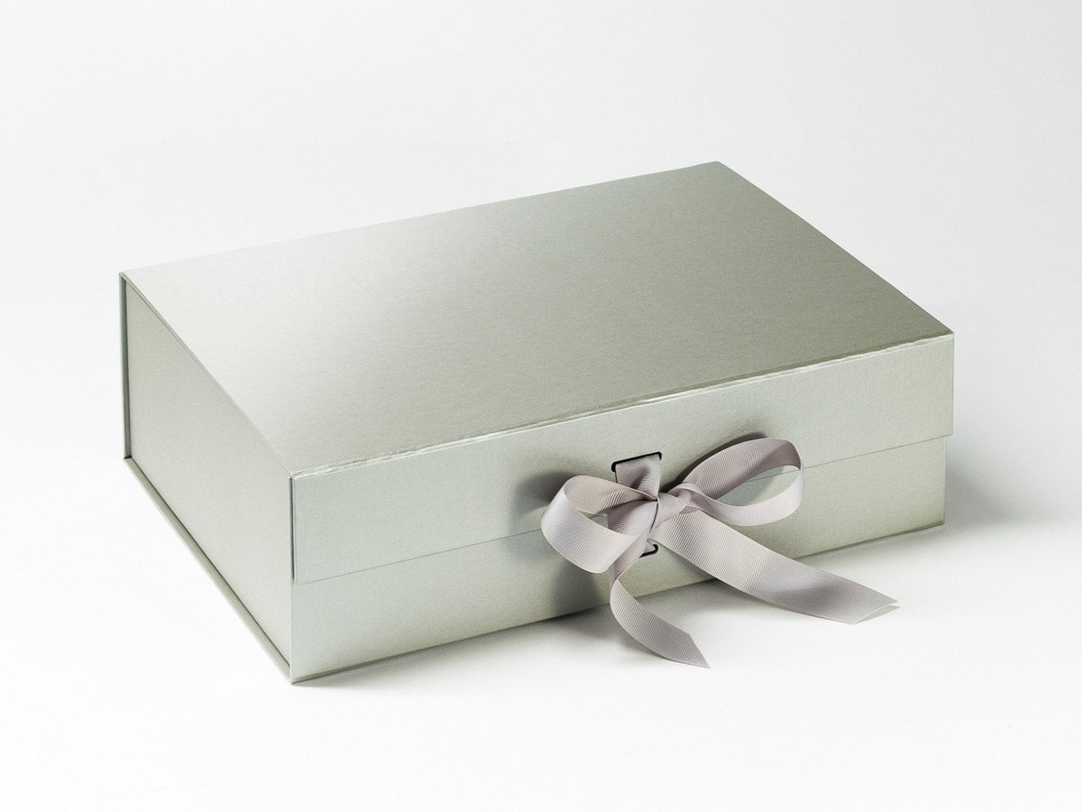 A4 Silver Folding Gift Box with Changeable Ribbon and Magnetic Closure from Foldabox