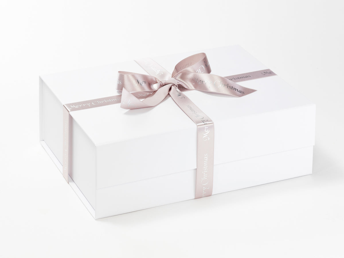 Silver Merry Christmas Recycled Ribbon Featured on White A4 Deep Gift Box