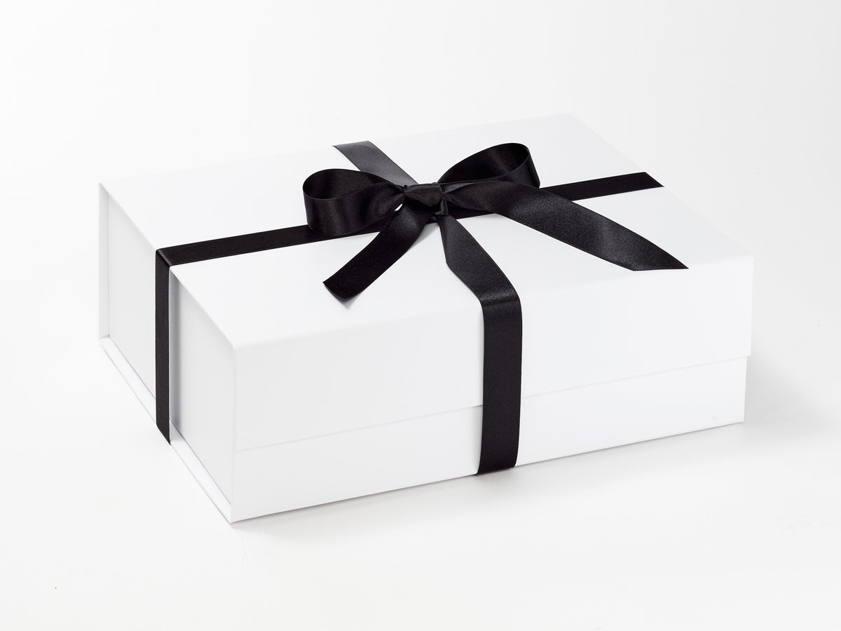 Example of Black Recycled Satin Ribbon Featured on White Gift Box