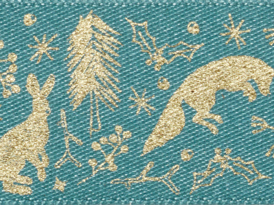 Teal Recycled Satin Ribbon Printed with Gold Woodland Scene