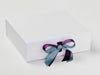 Example of Nile Blue and Ultra Violet Double Ribbon Bow Featured on Large White Gift Box