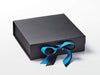 Example of Vivid Blue Double Ribbon Bow Featured on Black Medium Gift Box