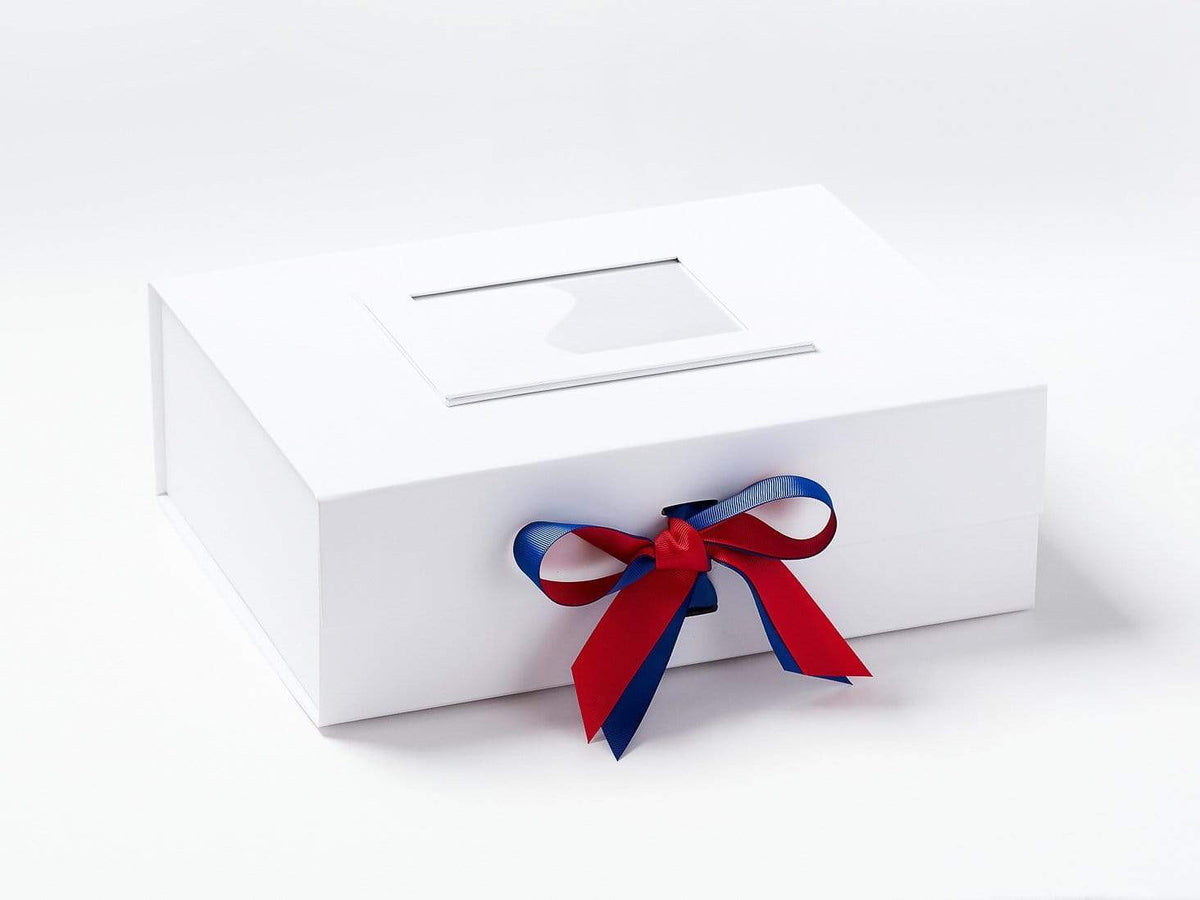 White Frame Photo White A4 Deep Gift Box with Hot Red and Cobalt Blue Ribbon
