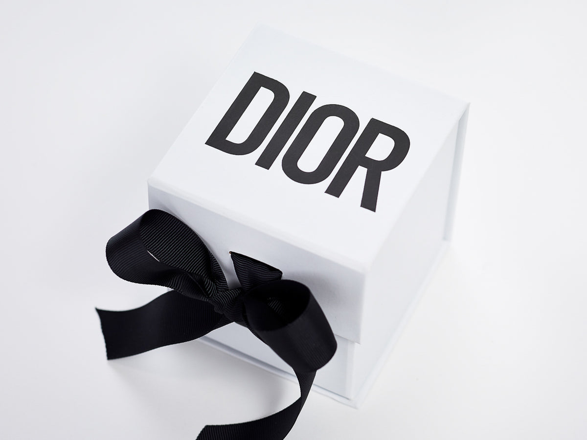 Large White Cube Gift Box with Custom Printed Black Logo and Black Ribbon