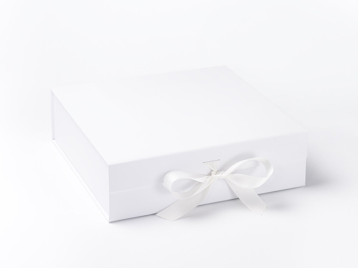 White Large Folding Keepsake Box with Fixed Grosgrain Ribbon Ties