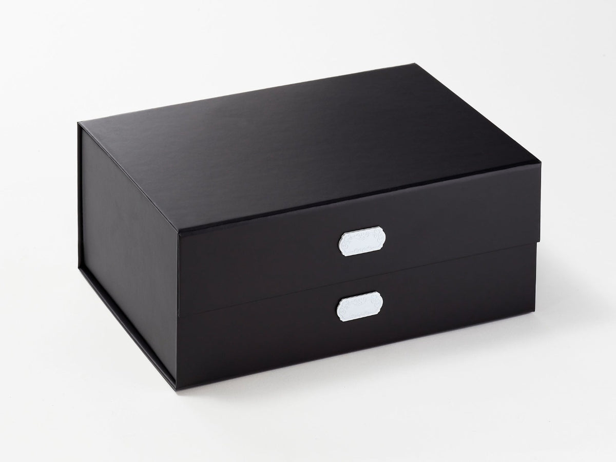 Example Of White Slot Decal Labels Featured On Black A5 Deep Gift Box