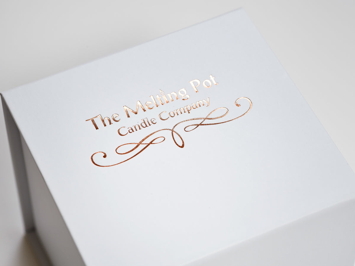 White Folding Gift Box with Custom Rose Gold Foil Logo