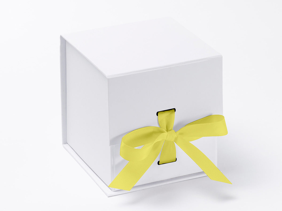 White Large Cube Gift Box Featured with Lemon Yellow Ribbon
