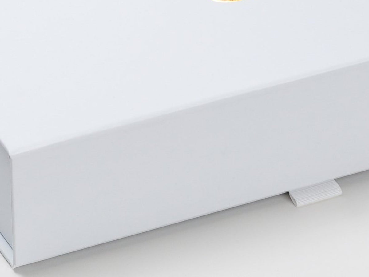 White A4 Shallow Gift Box Front Flap and Ribbon Tab Loop Detail