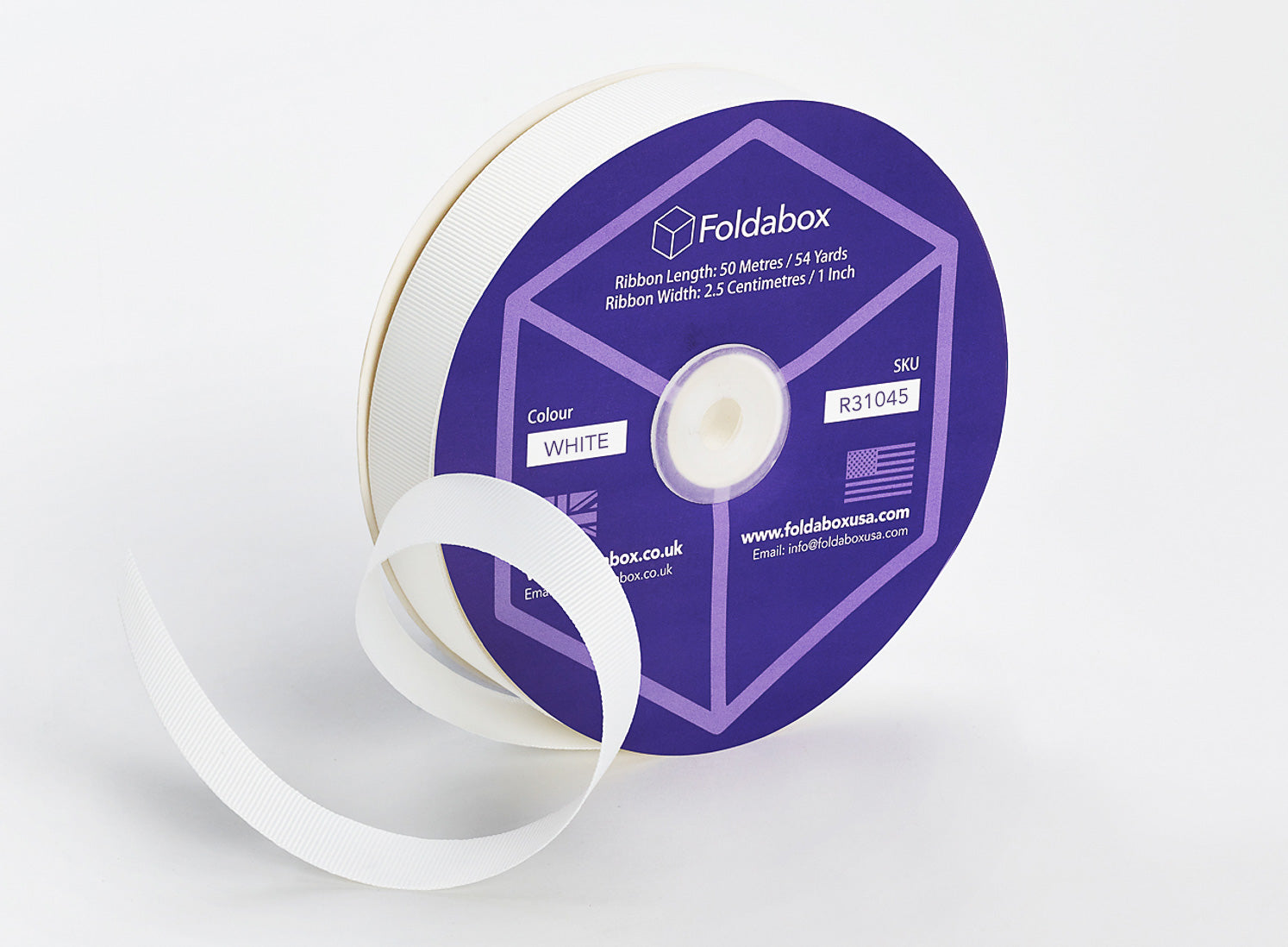 White grosgrain ribbon roll for traditional gift wrapping of folding gift boxes