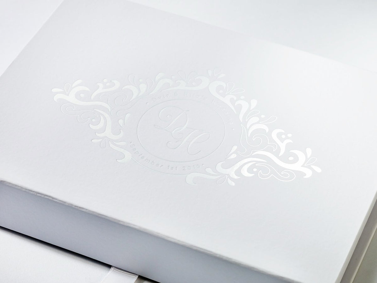 White A6 Shallow Gift Box with White Foil Custom Logo Printing to Lid