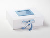 Example of Pale Blue Saddle Stitched Ribbon Double Bow Featured on White A4 Deep Gift Box With Pale Blue Photo Frame