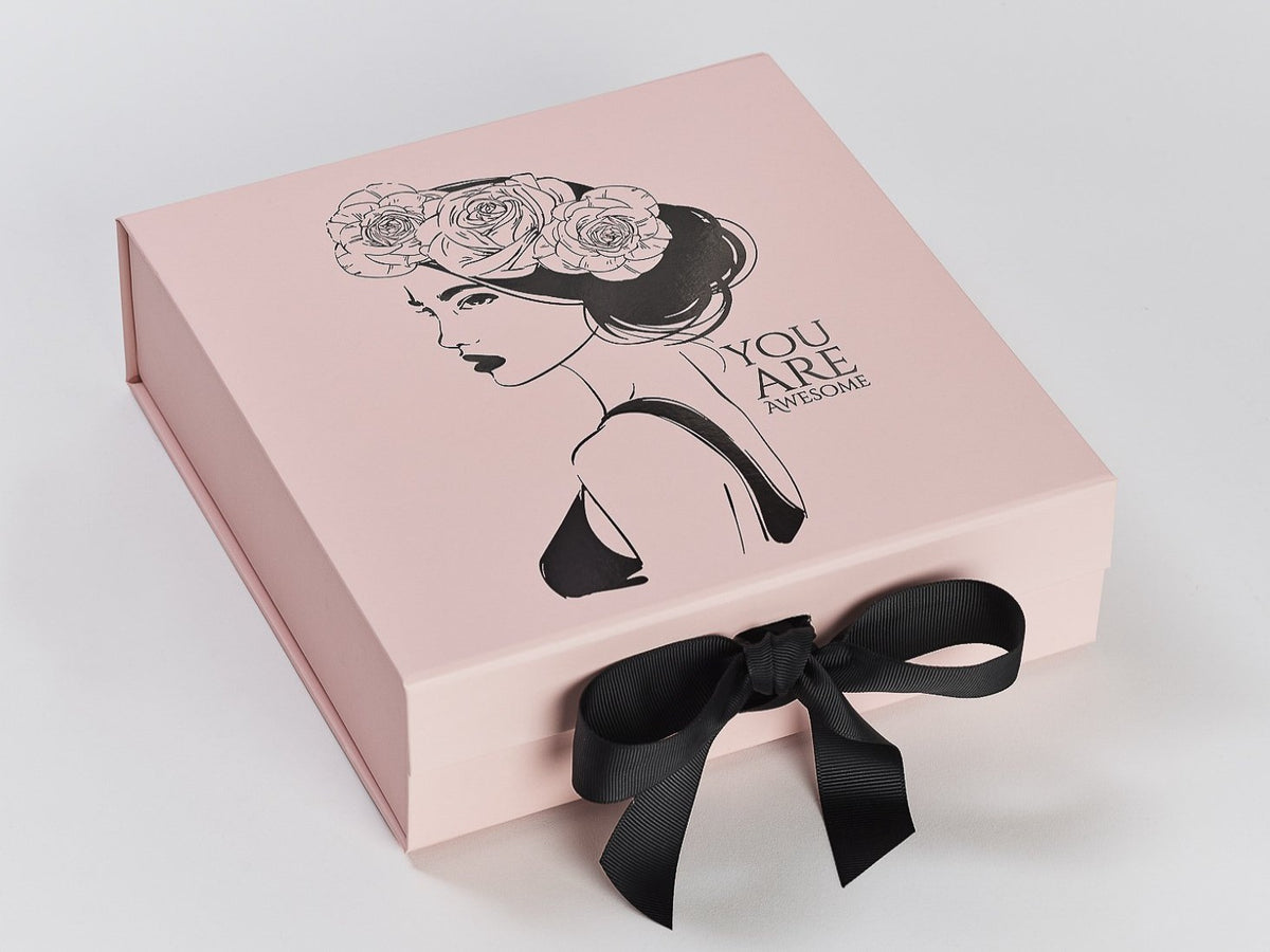 Pale Pink Gift Box with Custom Black Foil Design and Black Ribbon