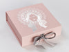 Pale Pink Gift Box with Custom Silver Foil Design and Silver Gray Ribbonv