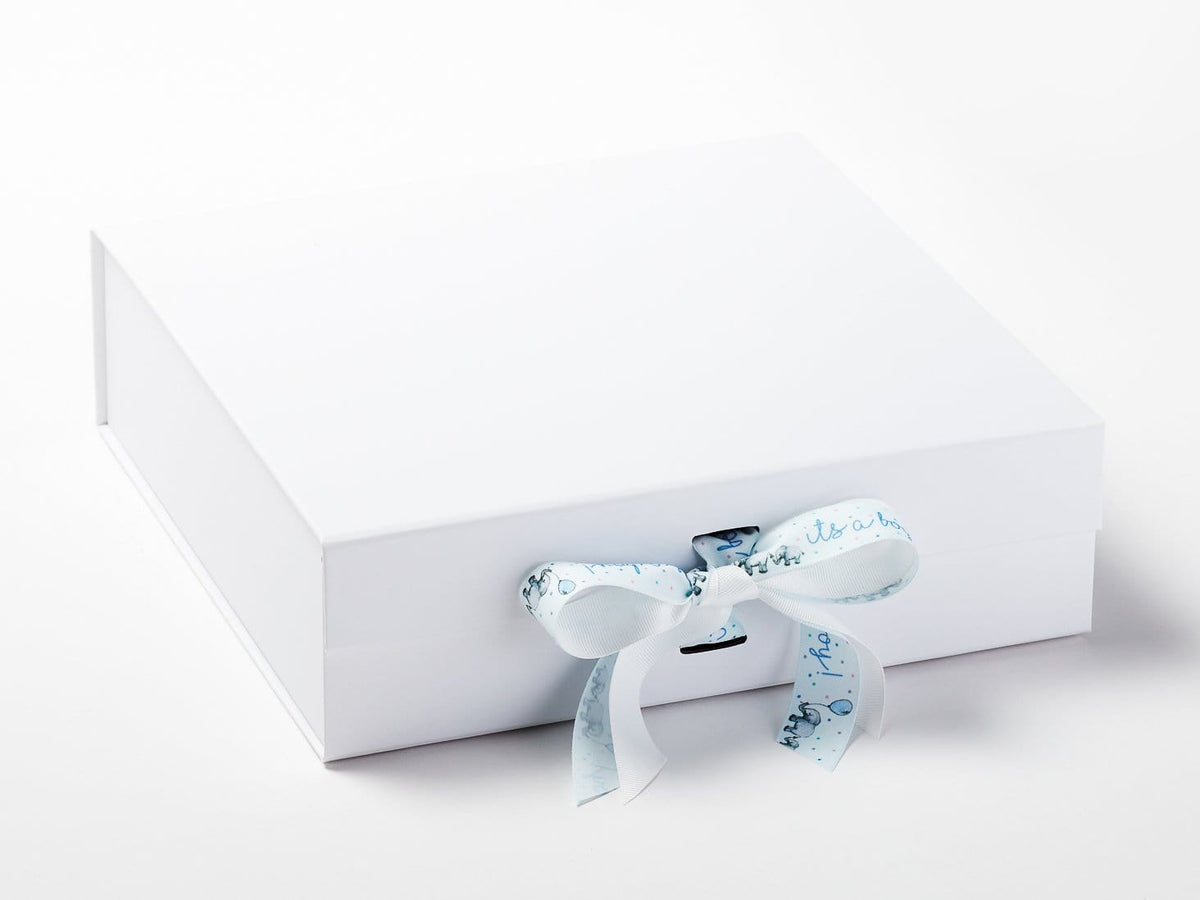 It's A Boy Blue Printed Ribbon on White Gift Box